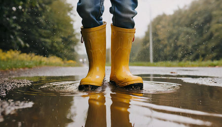 Rainy weather. Close-up of a child in yellow rubber boots standing in a puddleの素材