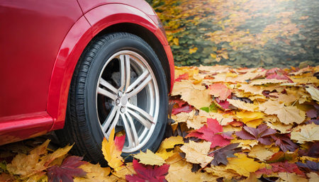 Car wheel and autumn leaves on the ground in the park. Seasonal backgroundの素材