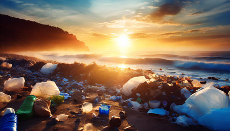 Plastic trash on the beach at sunrise. Concept of environmental pollutionの素材