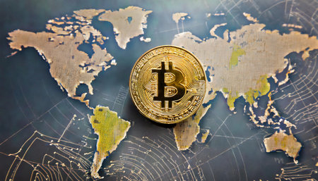 Golden bitcoin on world map background. Cryptocurrency and financial concept.の素材