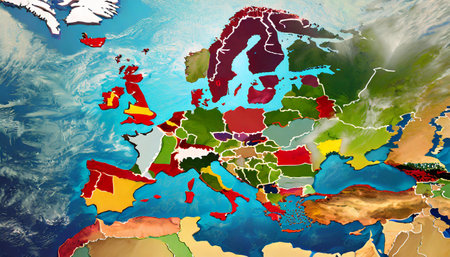 Europe on realistic model of planet Earth with country borders and very detailed planet surface. 3D illustration.の素材