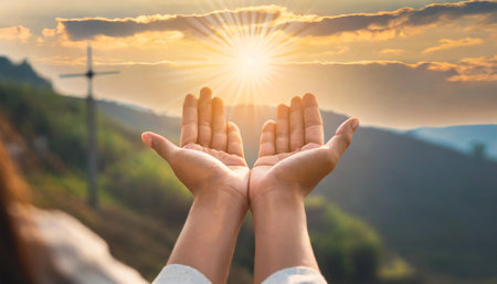 Hands of woman praying to god with sunset and wind turbine backgroundの素材