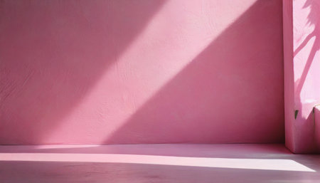 pink wall with shadow from sunlight and shadow on the floorの素材
