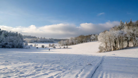 Winter landscape with snow covered trees and blue sky with white clouds.の素材