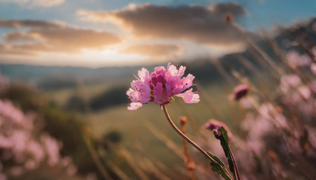 Pink flowers in the mountains at sunset. Beautiful landscape with pink flowers.の素材