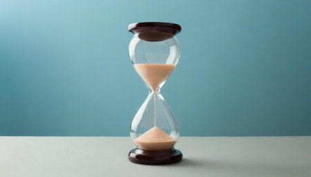 Hourglass on blue background. Sand running through the glass. Time passing conceptの素材