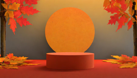 Autumn scene with round podium and maple leaves. 3d renderの素材