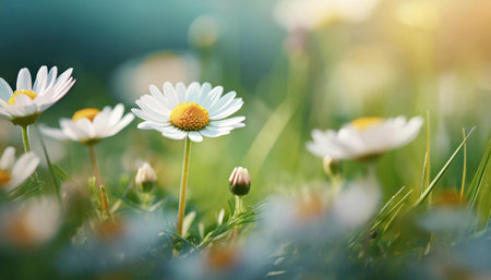 Daisy flowers in the meadow. Beautiful nature scene with blooming flowers.の素材