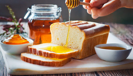 Honey and bread on a wooden table. Selective focus.の素材