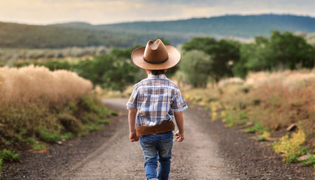 Rear view of a little boy wearing cowboy hat standing on a country roadの素材
