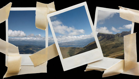 Old photos on a black background with a blue sky and clouds.の素材