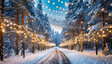 Snowy road in the winter forest with a garland of lightsの素材