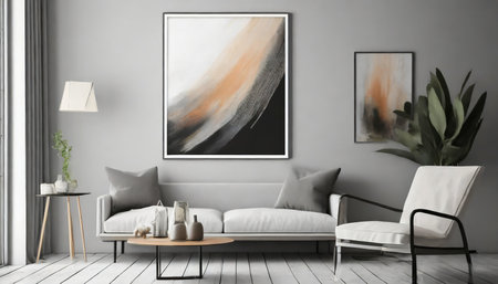 Modern interior with white sofa, armchair, coffee table and poster on wallの素材