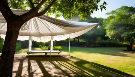 Wedding tent in the garden with morning sun light background.の素材