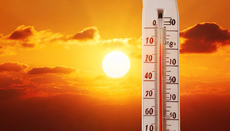 Thermometer on the background of the setting sun. Thermometer shows a high temperature.の素材