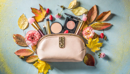 Flat lay composition with cosmetic products and autumn leaves on blue backgroundの素材