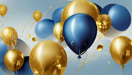3D render of balloons with gold and blue ribbons in the skyの素材