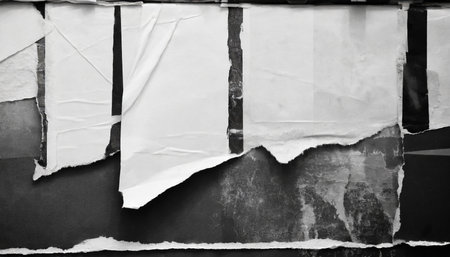 pieces of torn paper on black and white background, copy space.の素材