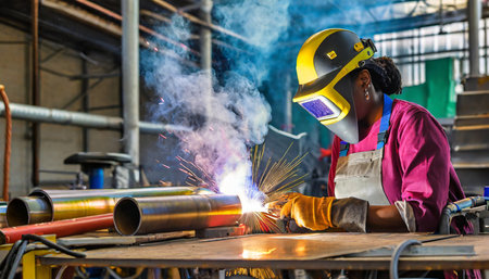 Worker welding steel structure at construction site in industrial factory. Metalwork manufacturing and construction concept.の素材