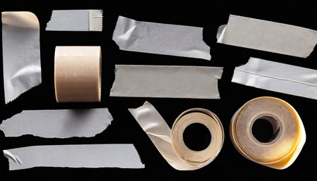 Rolls of adhesive tape on a black background. Place for text.の素材