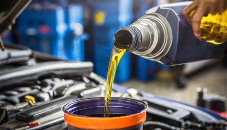 Auto mechanic pouring oil into a car engine. Auto service industry.の素材