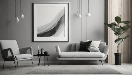 Interior of modern living room with white sofa, armchairs and poster on wallの素材