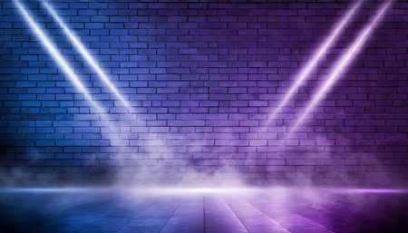 Stage Spotlight with smoke and spotlights on brick wall background. Vector illustration.の素材