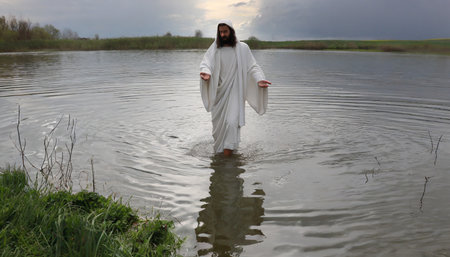 Man in a white robe stands in the water and looks at the cameraの素材