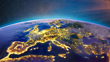 Country of Ukraine on planet Earth. 3D illustration with detailed planet surface and visible city lights.の素材