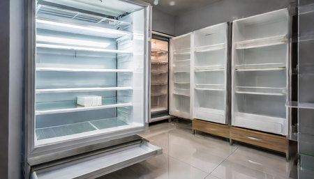 Refrigerator in modern kitchen with white walls and tiled floorの素材