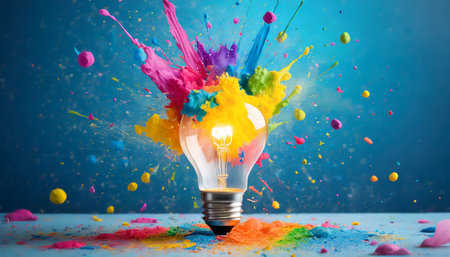 Colorful paint splashing out of light bulb, concept of creative ideaの素材