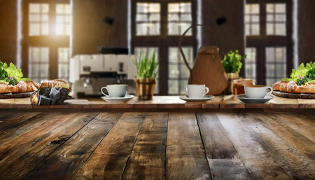 Coffee shop interior with coffee cup and croissants on wooden tableの素材