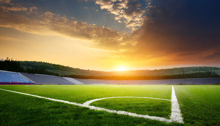 Soccer field with green grass at sunset. Sport concept background.の素材