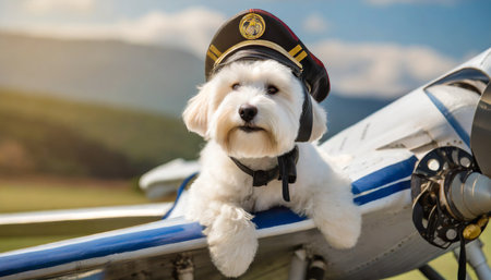 Bichon Frise, a Maltese dog in a pilot's hat sits on the wing of an airplaneの素材