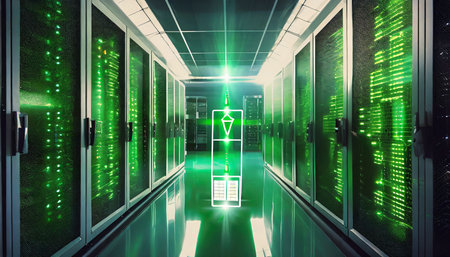 Futuristic server room with neon lights. 3D Renderingの素材