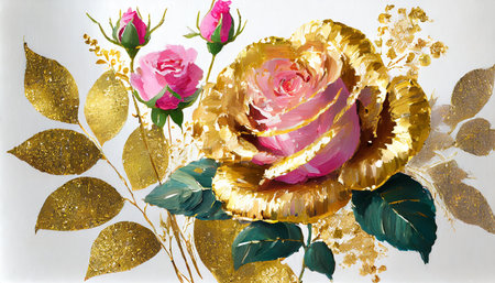 Gold roses on a white background with gold leaves, watercolor paintingの素材