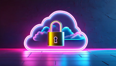 3d rendering of cloud computing with padlock on neon light backgroundの素材