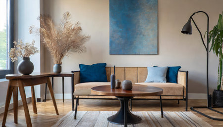 Interior of modern living room in scandinavian style with brown sofa, coffee table and plantの素材