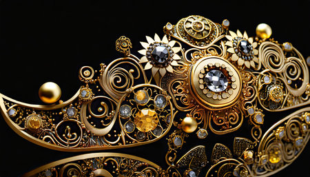 golden brooch on black background close-up. 3d illustrationの素材