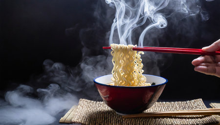 Instant noodles in a bowl with chopsticks on a black background.の素材