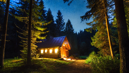 Night view of the starry sky over the forest and a wooden houseの素材