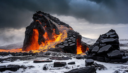 Icelandic landscape with huge volcanic eruption on the island of Myvatnの素材