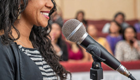 Close up of a woman singing into a microphone at a conference.の素材