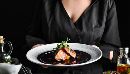 Woman holding plate with delicious salmon steak on black background, closeupの素材
