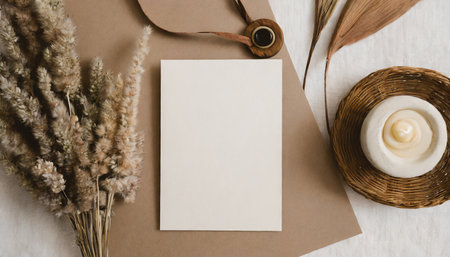 Wedding stationery mockup. Blank greeting card, envelope and dried flowers.の素材