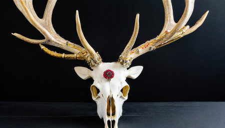 Skull of a deer with antlers on a black background.の素材