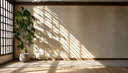 3d rendering of empty room in japanese style with window and plantの素材