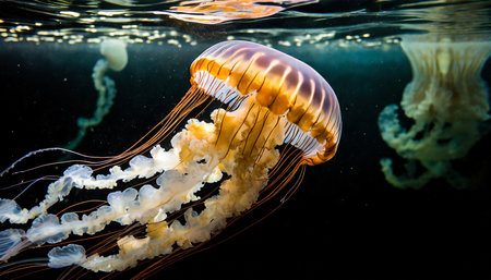 Jellyfish swimming in the water. Underwater photo of a marine life.の素材