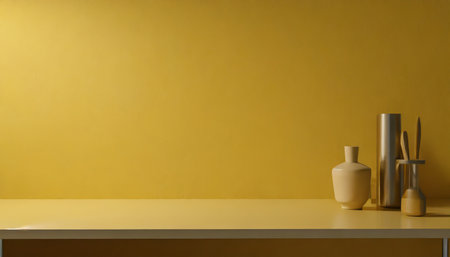 Yellow wall with vases and a cup of coffee. 3d renderingの素材