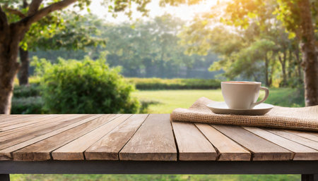 Coffee cup on wooden table with nature background, stock photoの素材